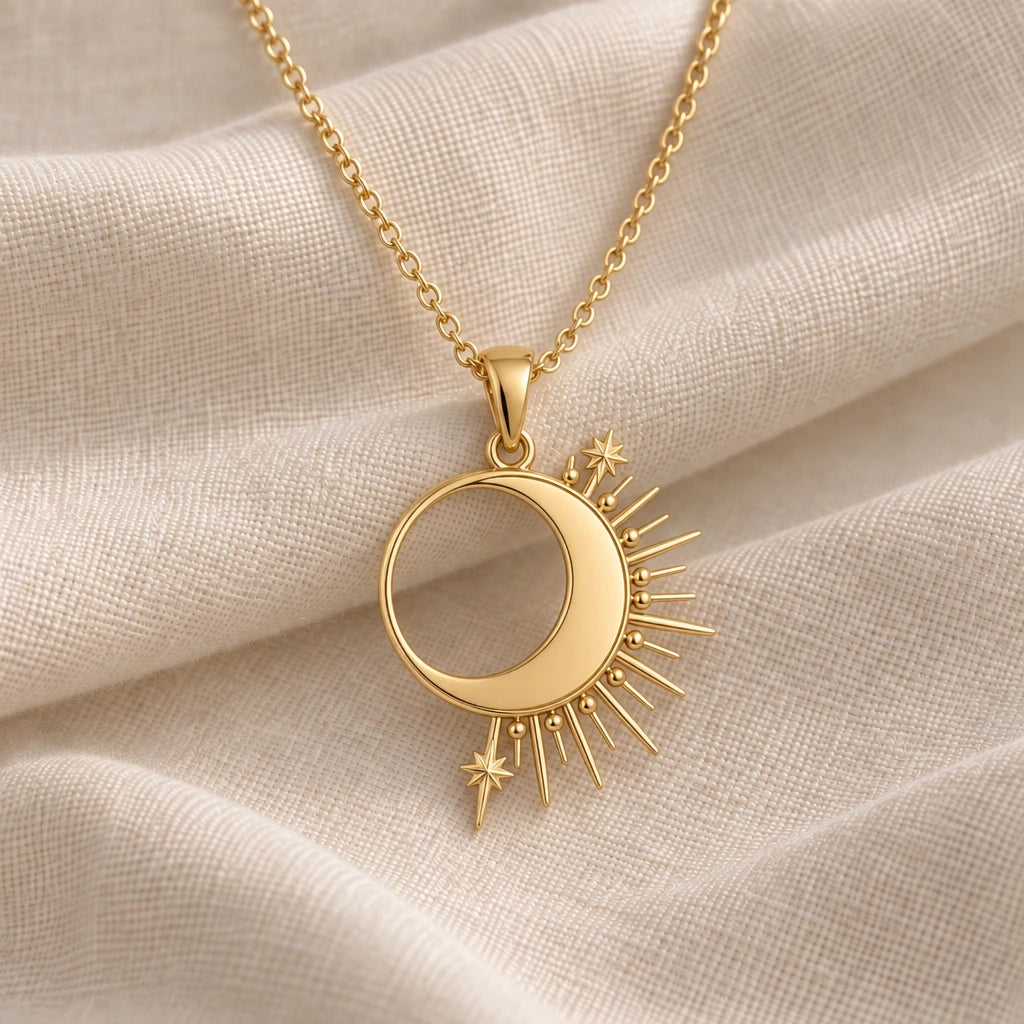 Solar Eclipse Crescent pendant necklace in an 18k gold plated finish