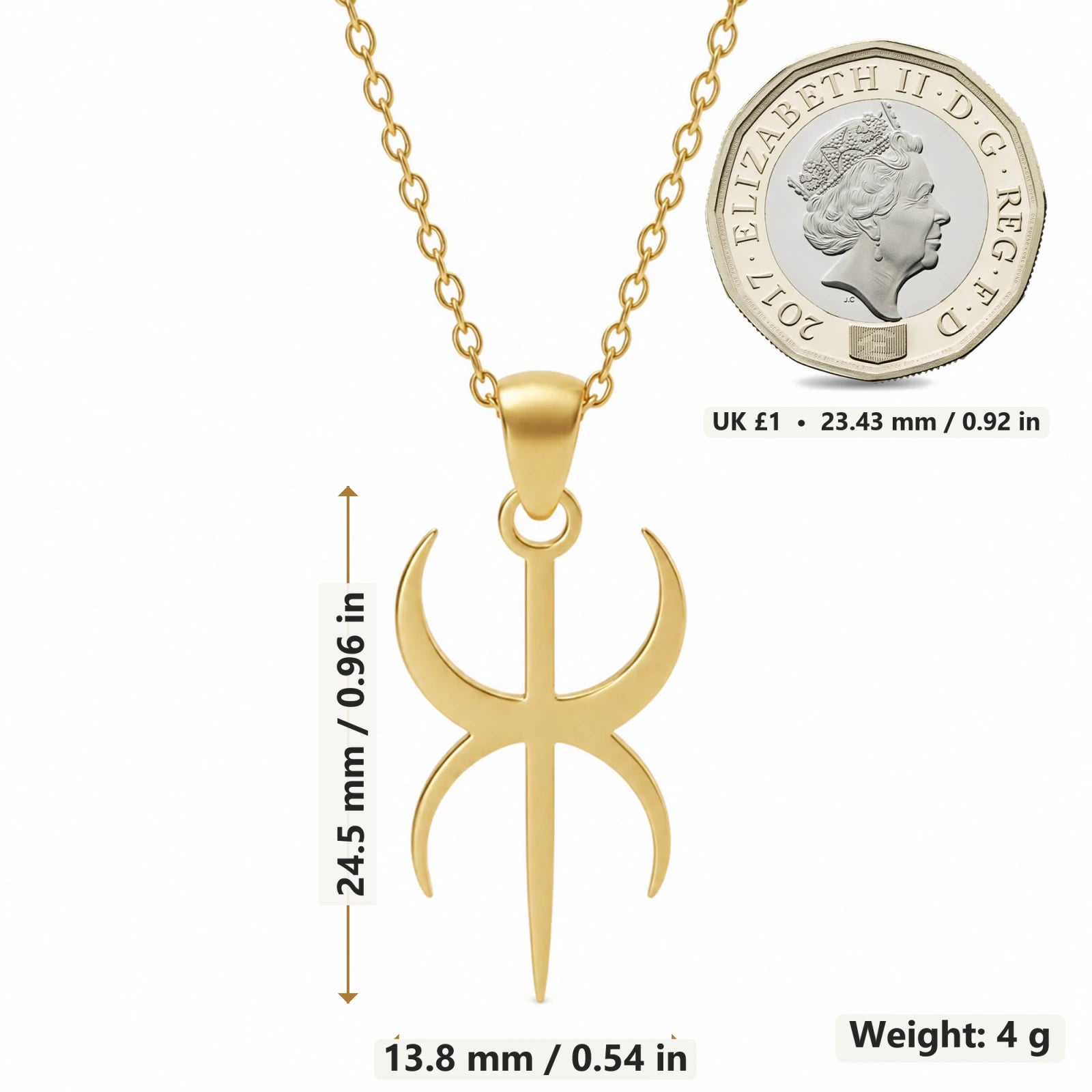 Duality Symbol pendant necklace size image showing 24.5 mm height and 13.8 mm width and 4 g weight