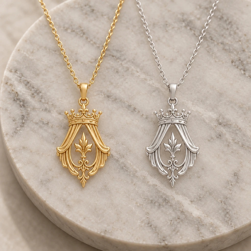 Imperial Crown Veil pendant necklace in silver and gold finishes side by side