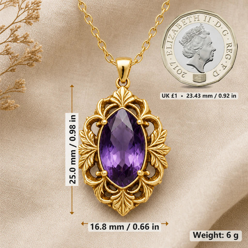 Baroque Acanthus Frame Birthstone Pendant Necklace size guide, 25 by 16.8 mm