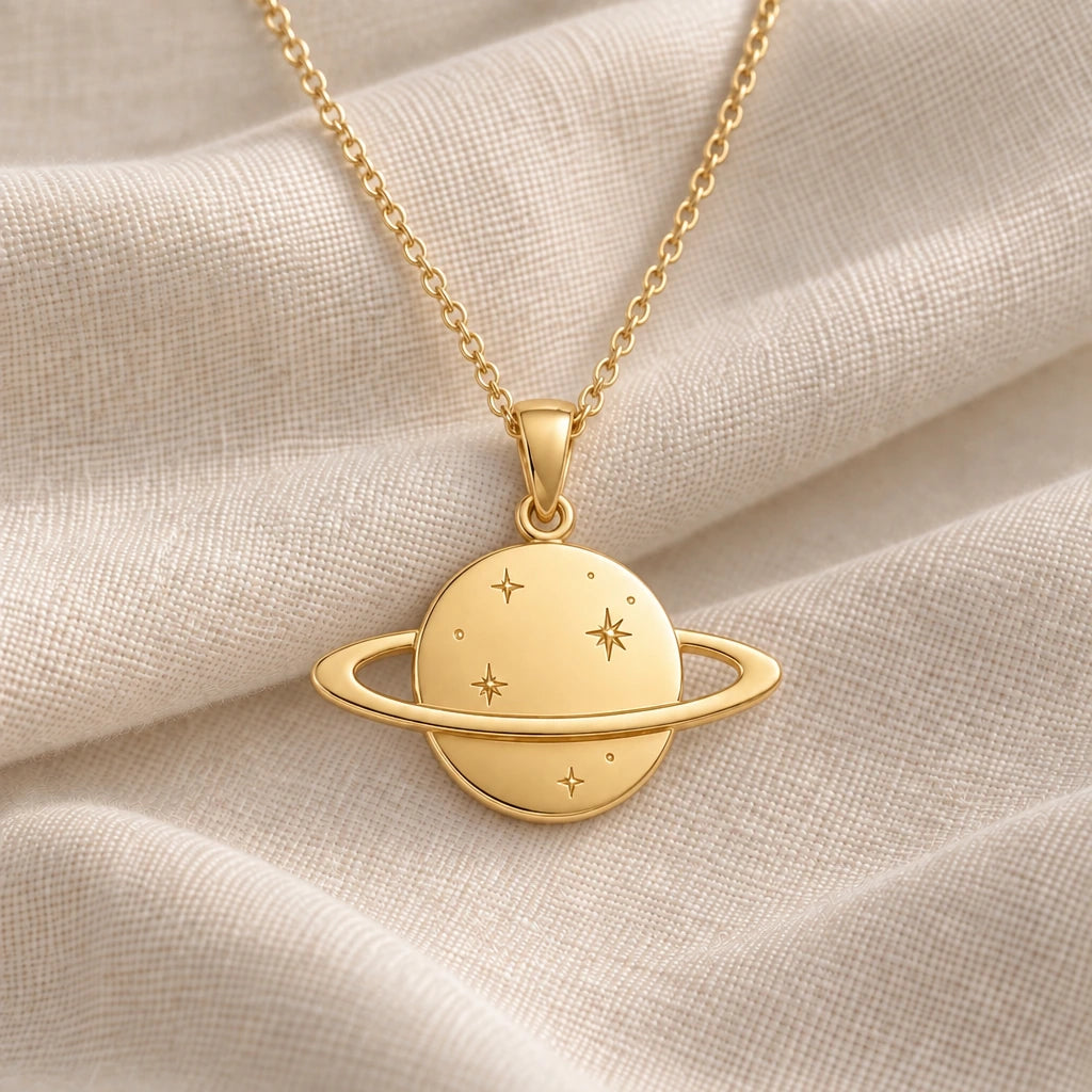 Saturn Ring Planet pendant necklace in an 18k gold plated finish