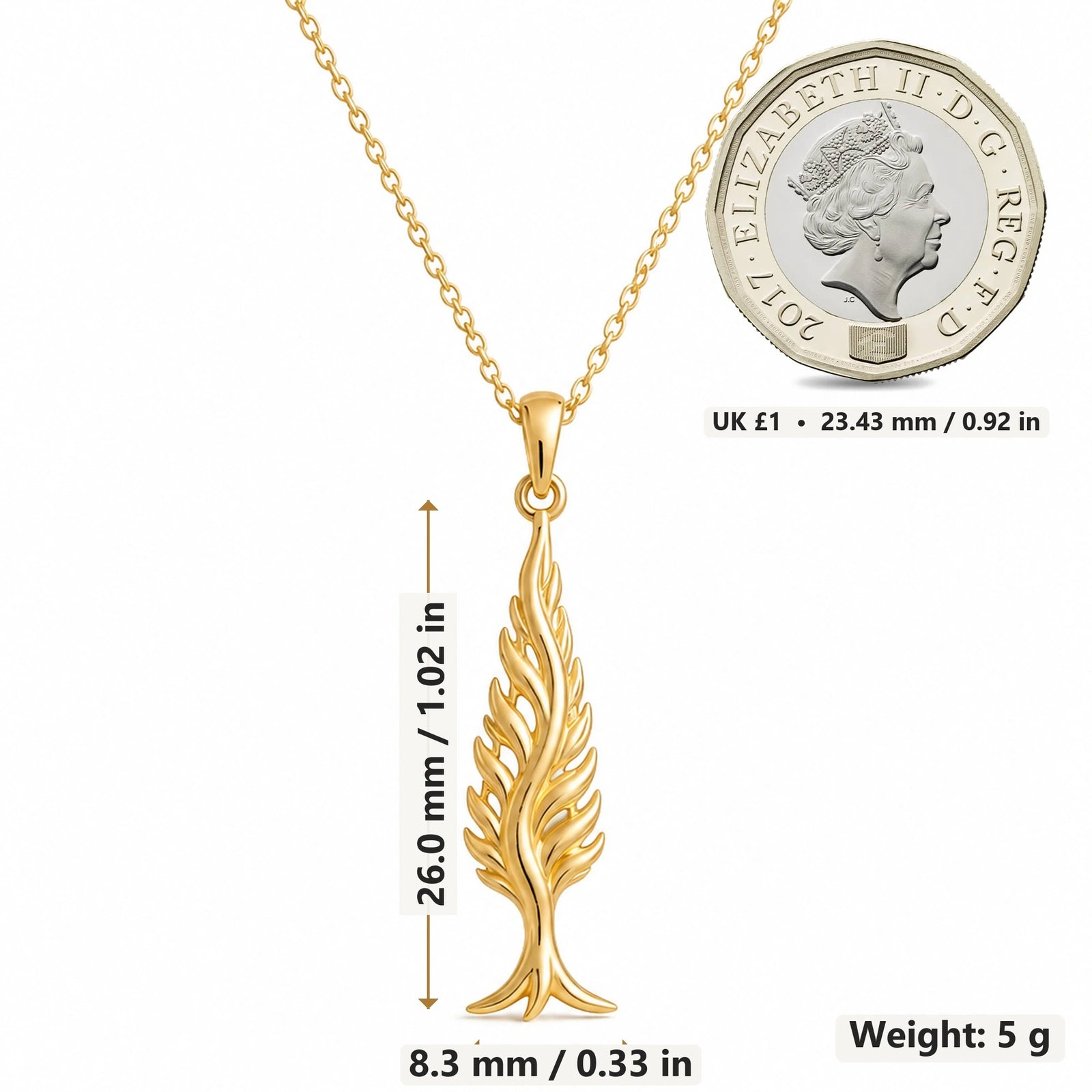 Cypress Flame Tree pendant necklace size image showing 26.0 mm height, 8.3 mm width and 5 g weight