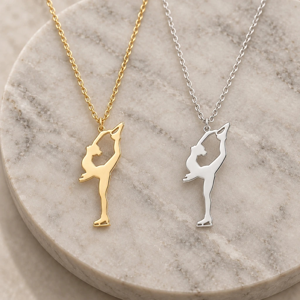 Figure Skater Biellmann pendant necklace in silver and gold finishes side by side