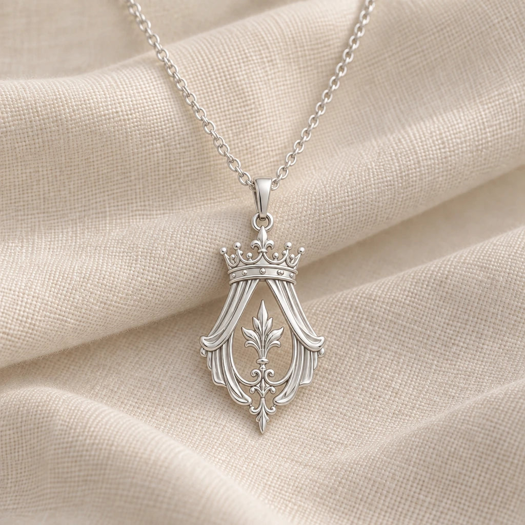 925 sterling silver imperial crown veil pendant necklace on cream fabric
