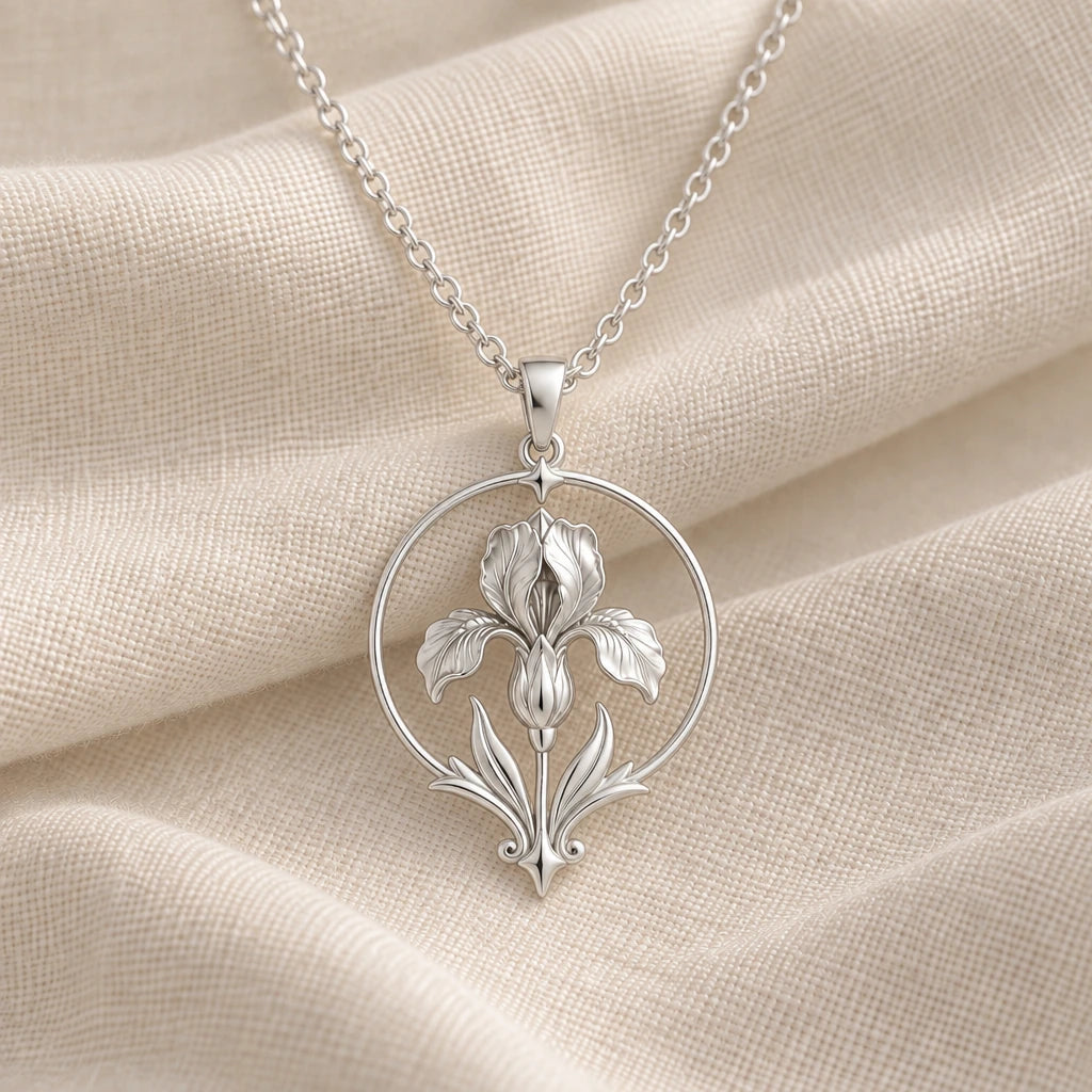 925 sterling silver queen iris halo pendant necklace on cream fabric