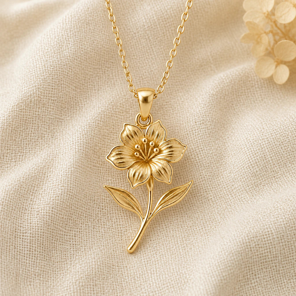 Rhododendron Flower pendant necklace in a warm gold finish on cream fabric