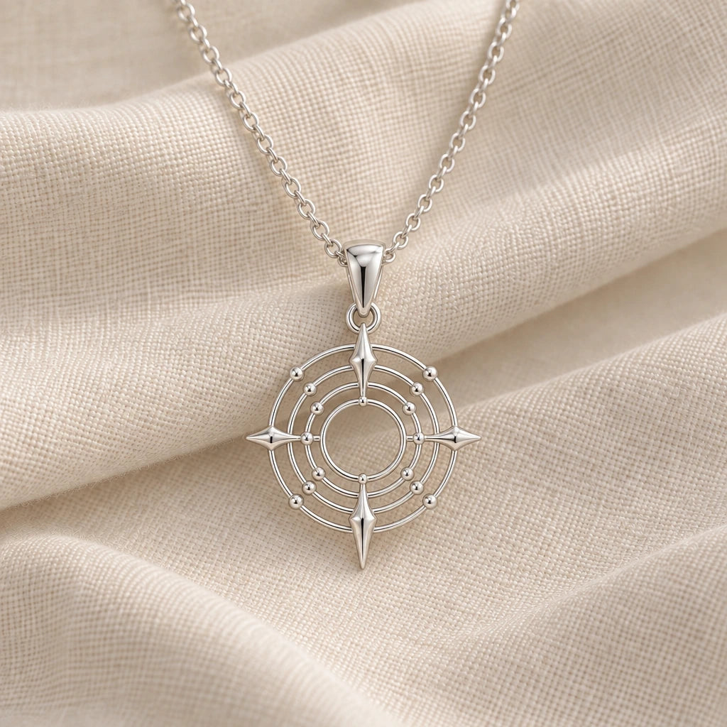 925 sterling silver cosmic portal orbit pendant necklace on cream fabric