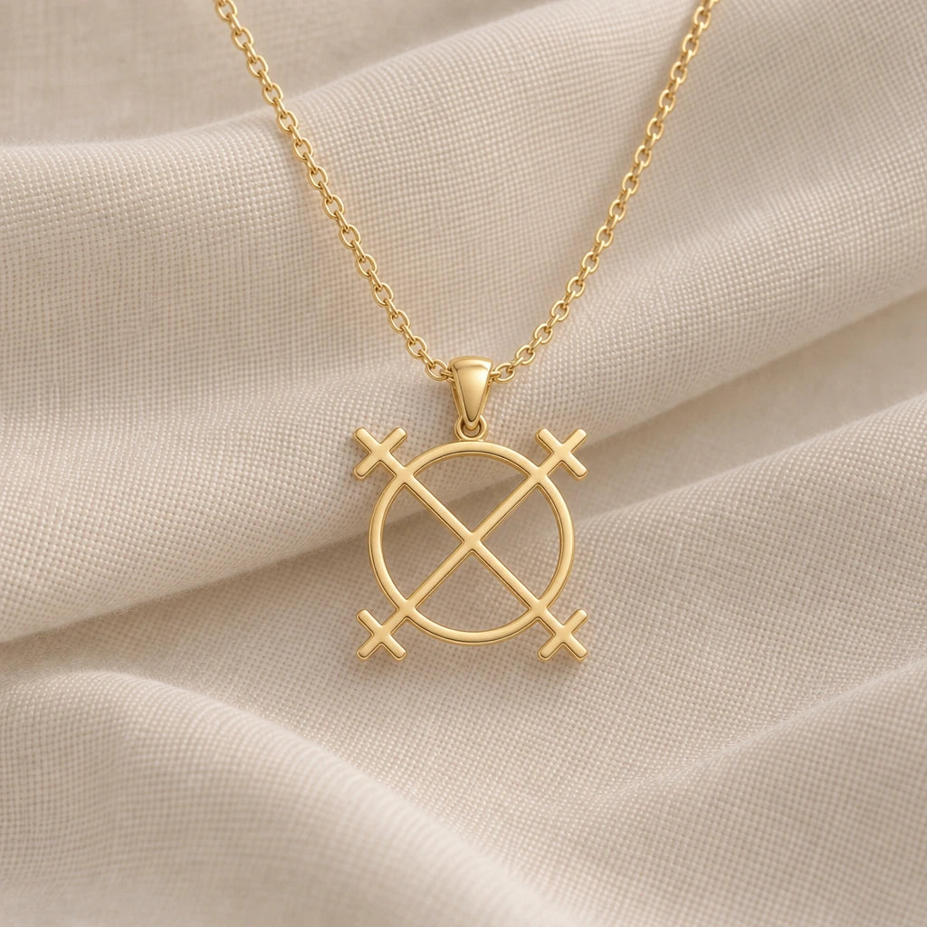 Sun Cross Wheel pendant necklace in an 18k gold plated finish