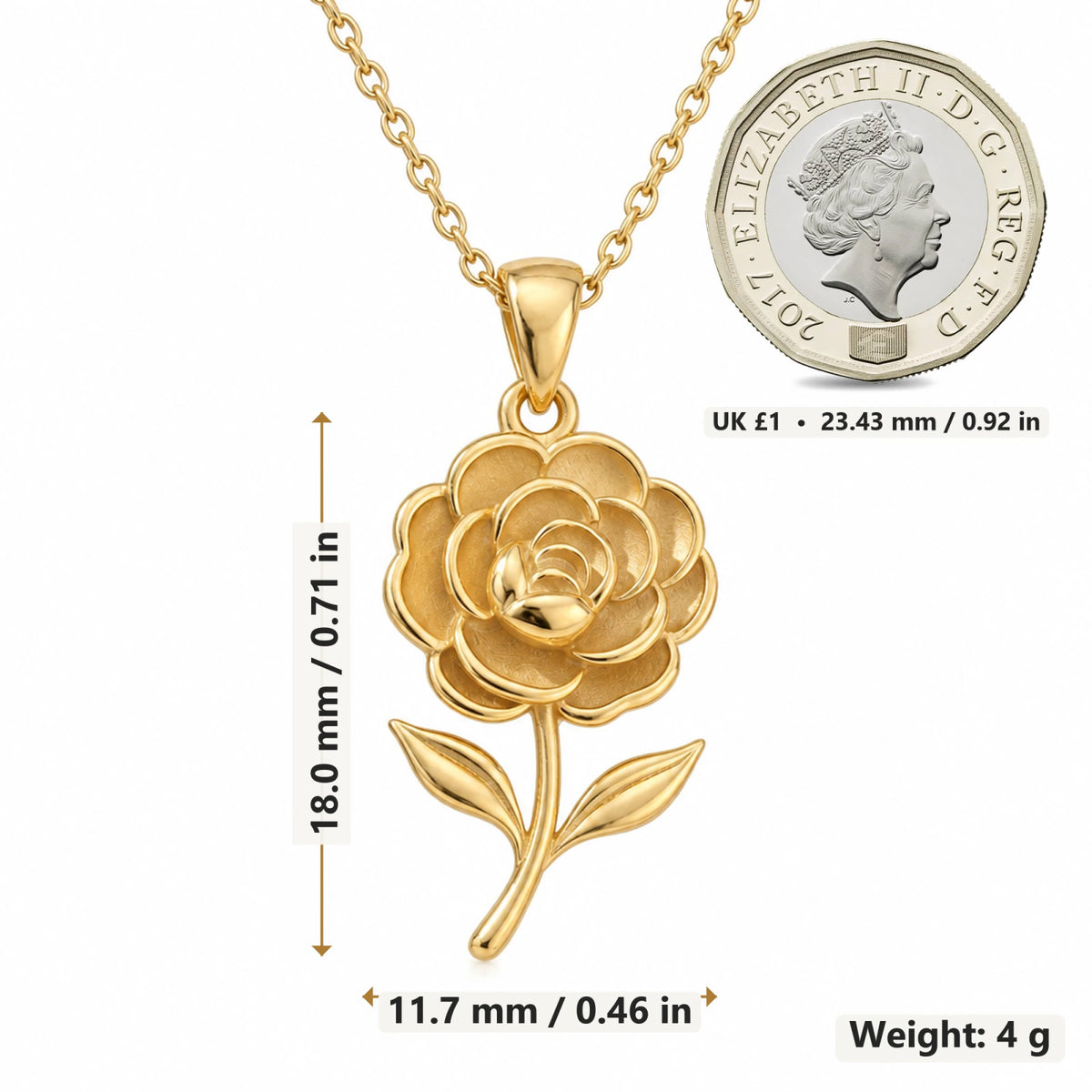 Camellia Flower pendant necklace size image showing 18 mm height and 11.7 mm width and 4 g weight
