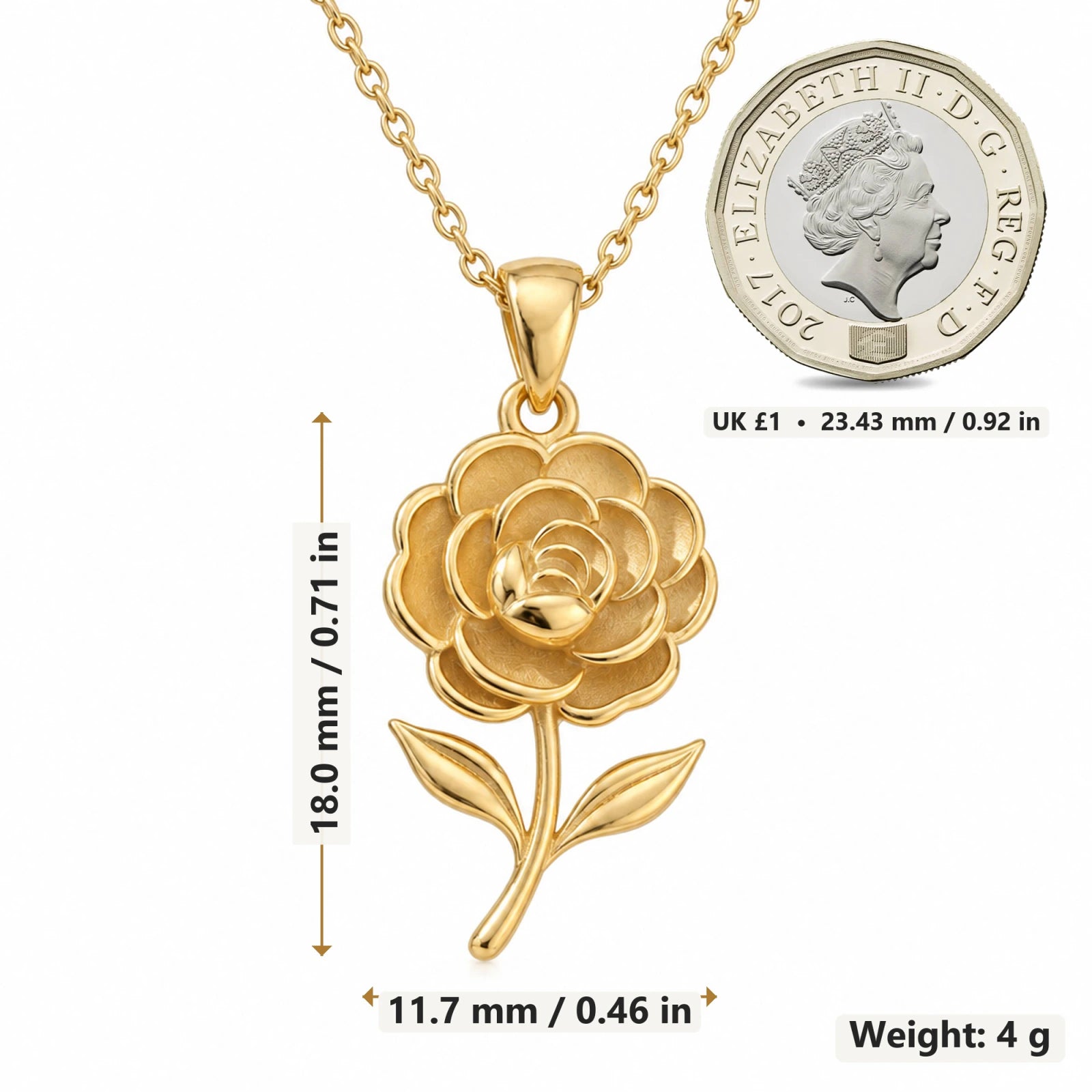 Camellia Flower pendant necklace size image showing 18 mm height and 11.7 mm width and 4 g weight