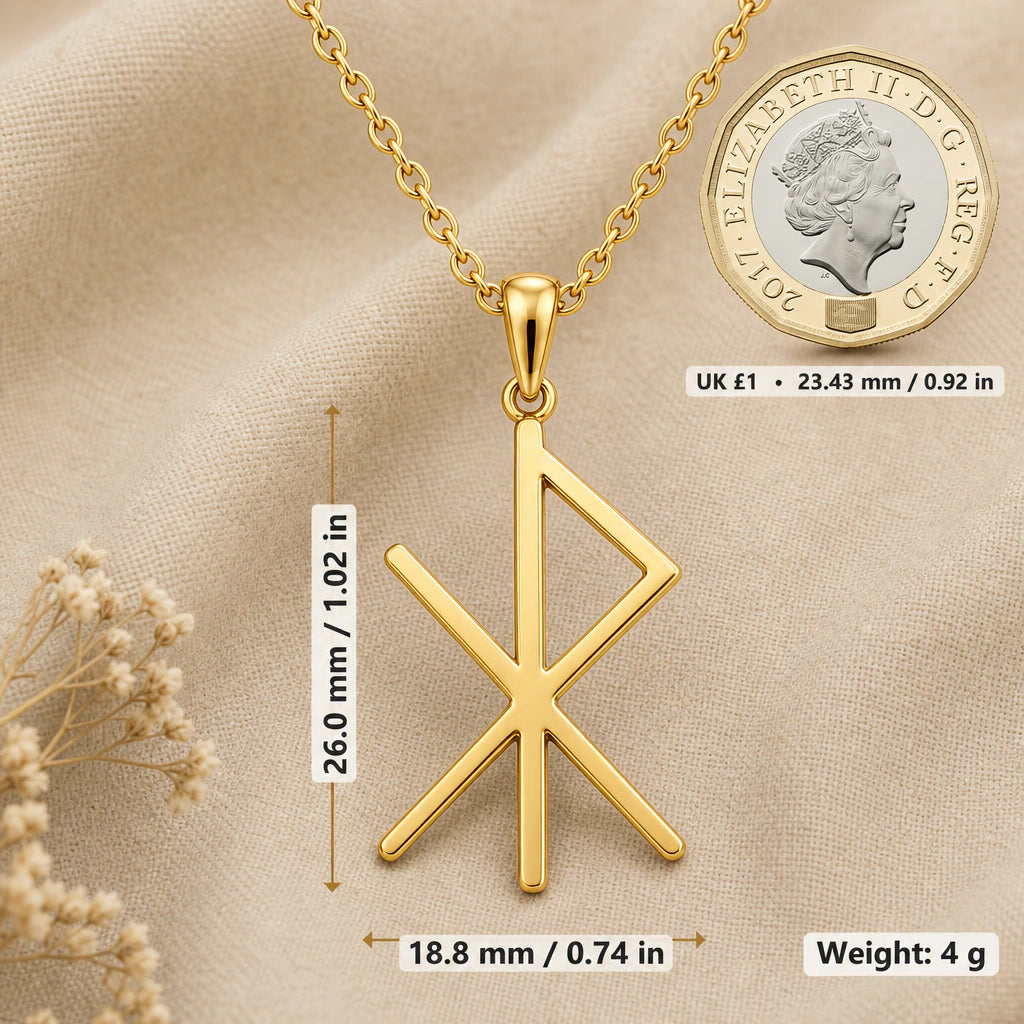 Viking Love Bind Rune Pendant Necklace size guide, 26 by 18.8 mm