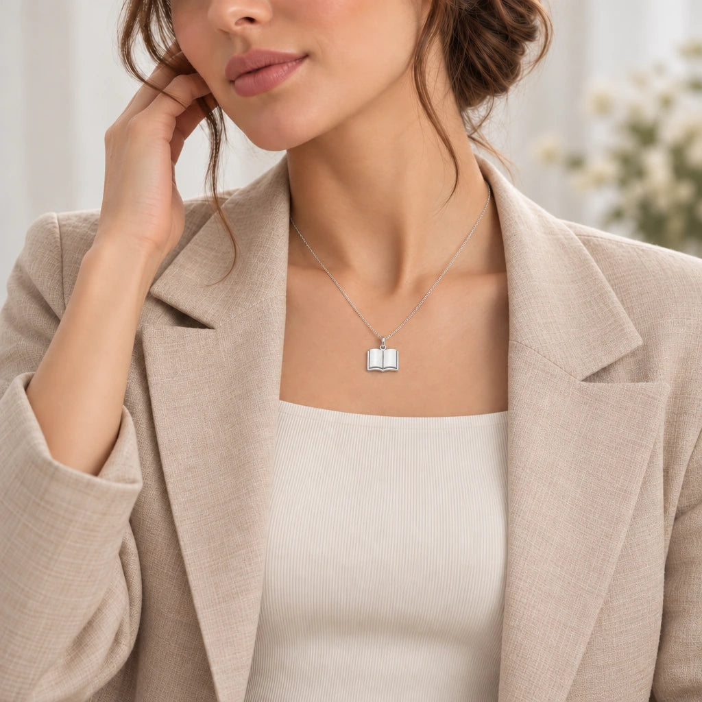 Open Book Solid pendant necklace worn by a model, lifestyle photograph