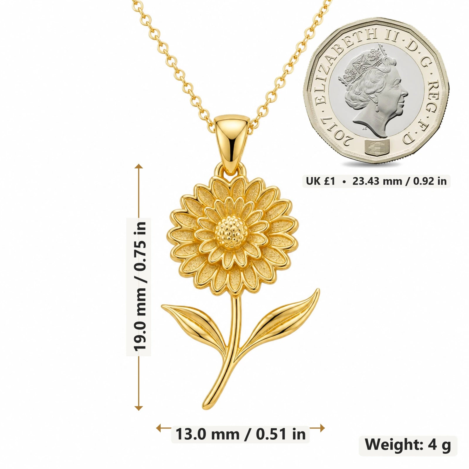 Marigold Bloom Flower pendant necklace size image showing 19 mm height and 13 mm width and 4 g weight