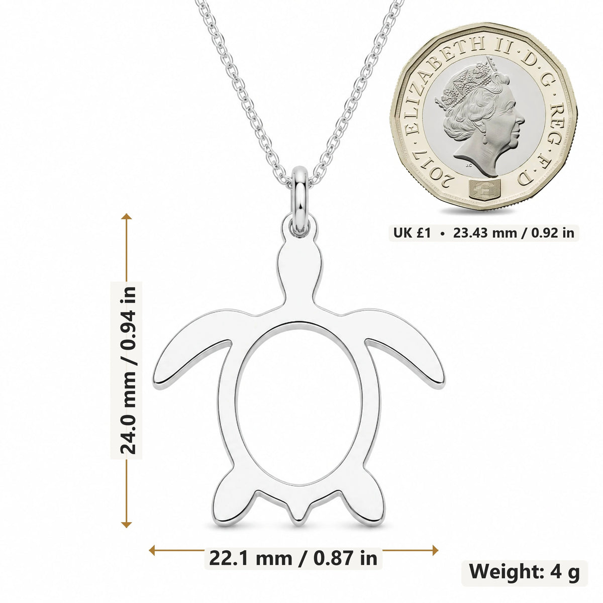 Sea Turtle Outline pendant necklace size image showing 24.0 mm height, 22.1 mm width and 4 g weight