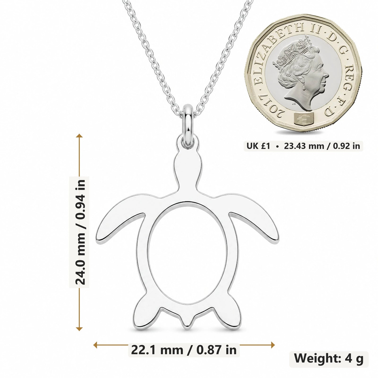 Sea Turtle Outline pendant necklace size image showing 24.0 mm height, 22.1 mm width and 4 g weight