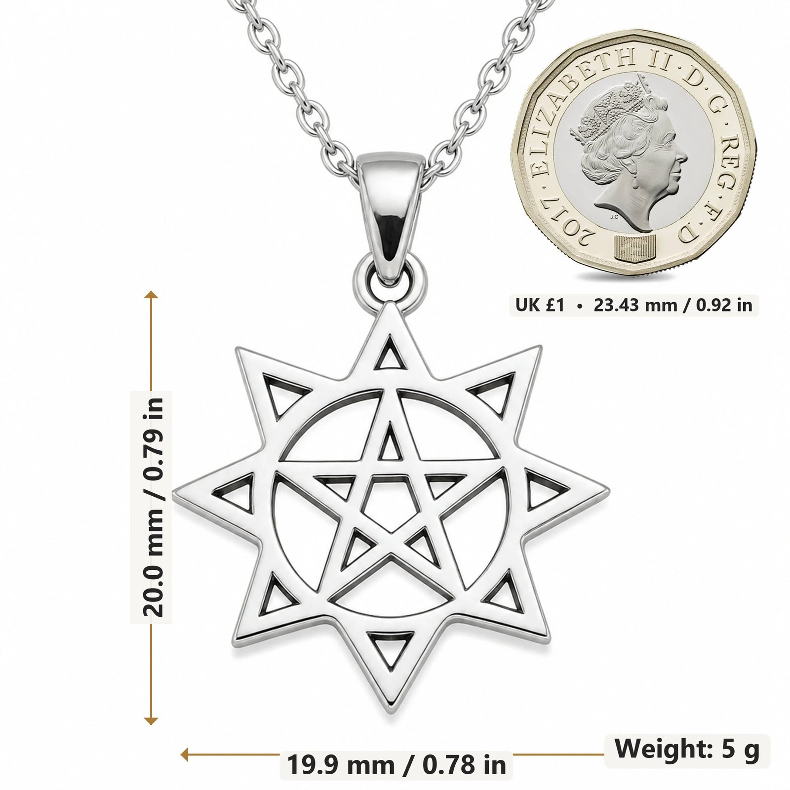 Pentagram Sun Star pendant necklace size image showing 20.0 mm height, 19.9 mm width and 5 g weight