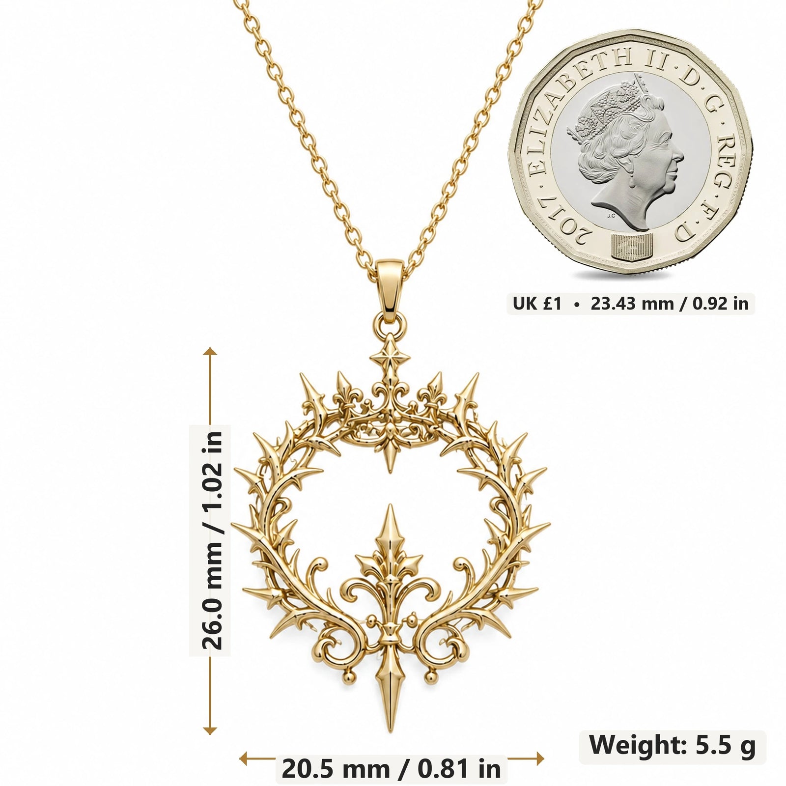 Majestic Thorn Crown pendant necklace size image showing 26.0 mm height, 20.5 mm width and 5.5 g weight