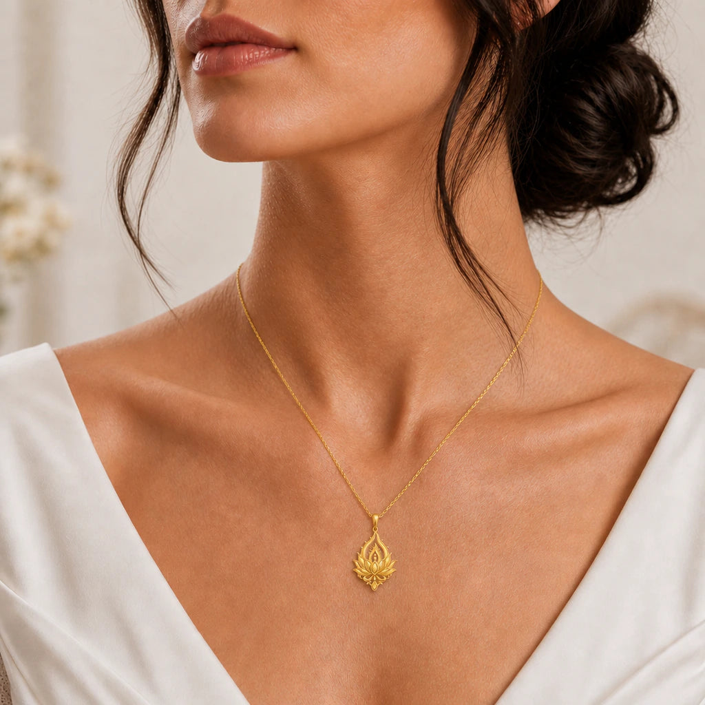 Lotus flame pendant necklace worn, close-up