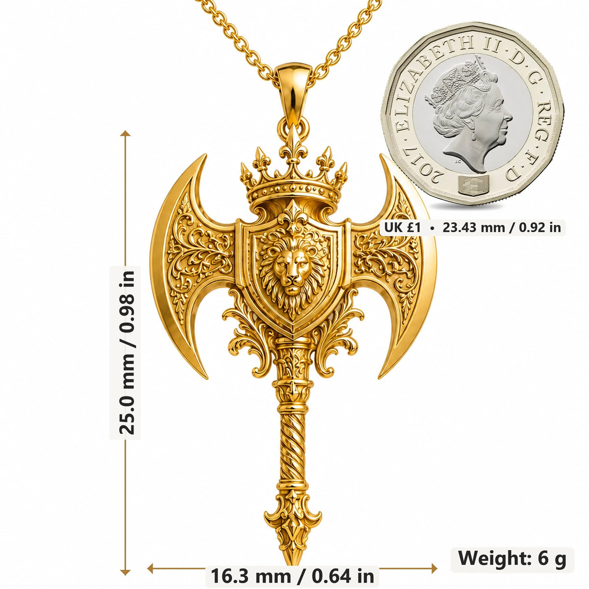 Divine Axe Lion Crest pendant necklace size image showing 25.0 mm height, 16.3 mm width and 6 g weight