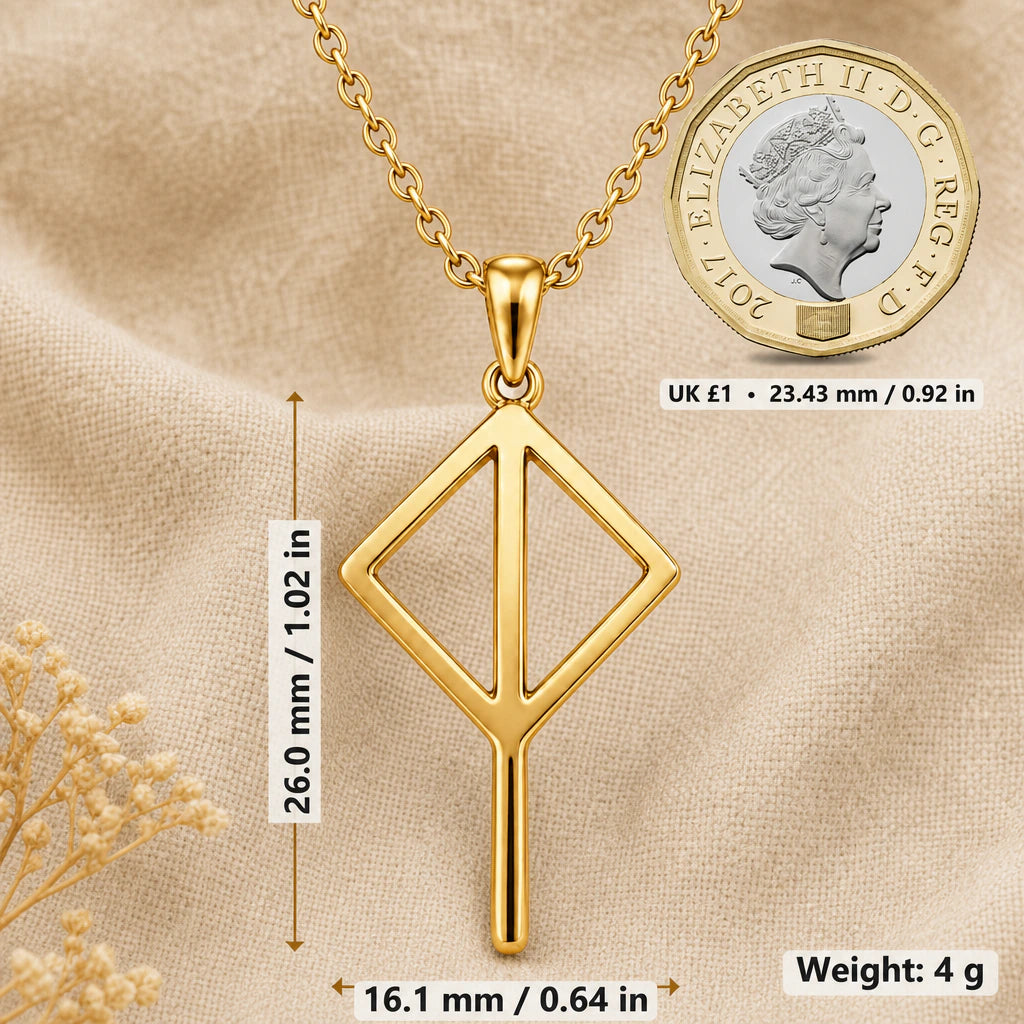 Viking Balance Rune Pendant Necklace size guide, 26 by 16.1 mm