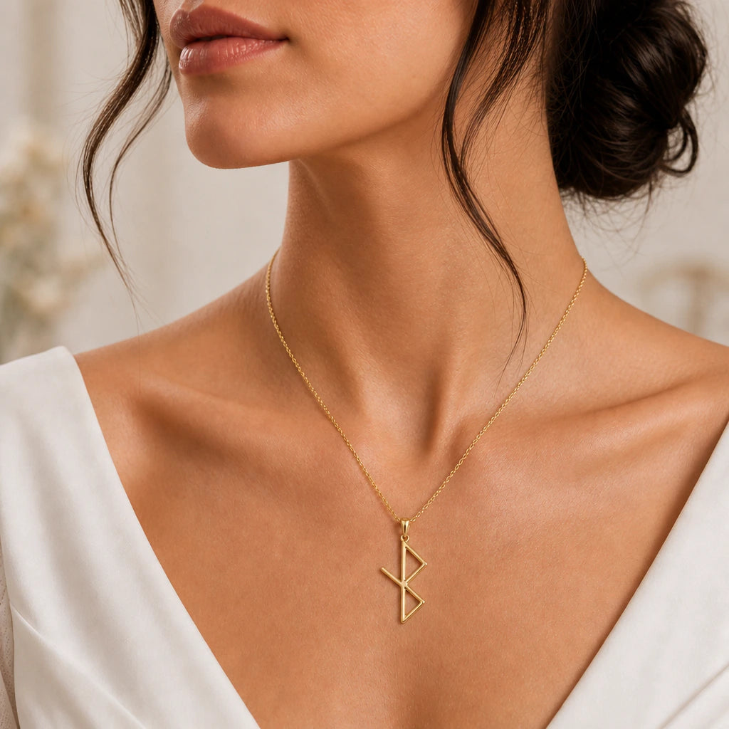 Viking Healing Rune Pendant Necklace worn, second view