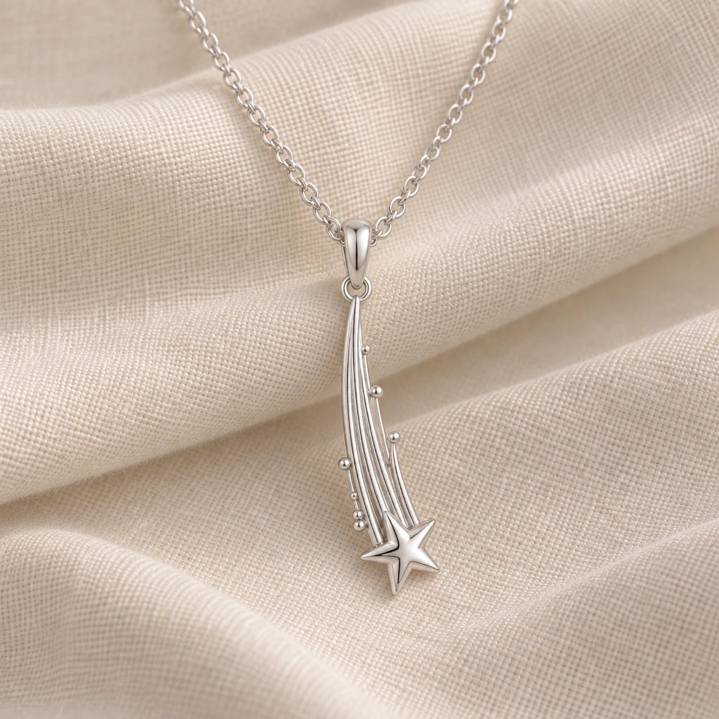 925 sterling silver falling star trail pendant necklace on cream fabric