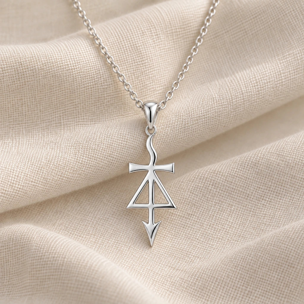 925 sterling silver prometheus asteroid symbol pendant necklace on cream fabric
