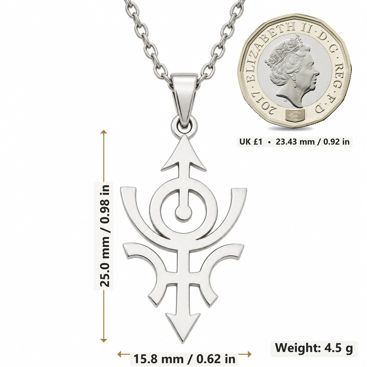 Nibiru Cosmic Symbol pendant necklace size image showing 25.0 mm height, 15.8 mm width and 4.5 g weight