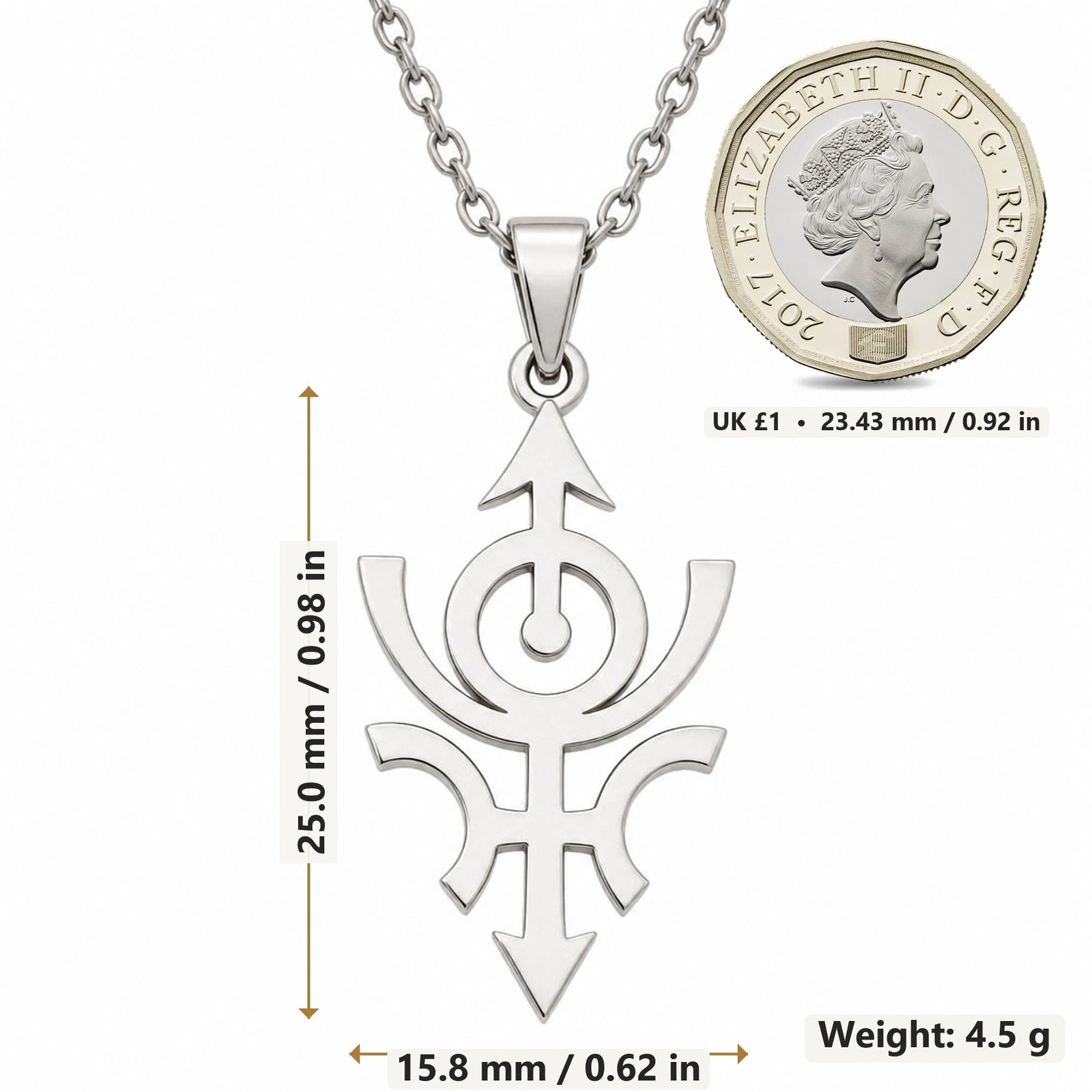 Nibiru Cosmic Symbol pendant necklace size image showing 25.0 mm height, 15.8 mm width and 4.5 g weight
