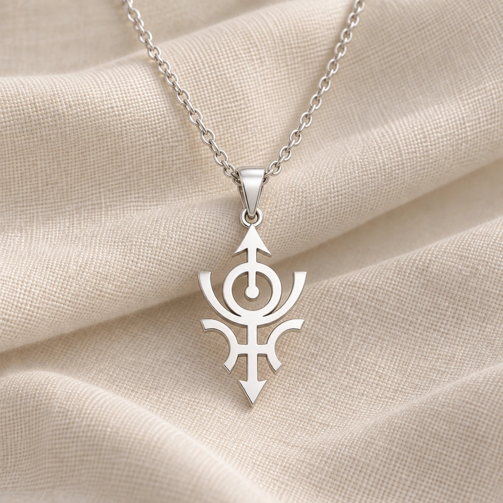 925 sterling silver nibiru cosmic symbol pendant necklace on cream fabric