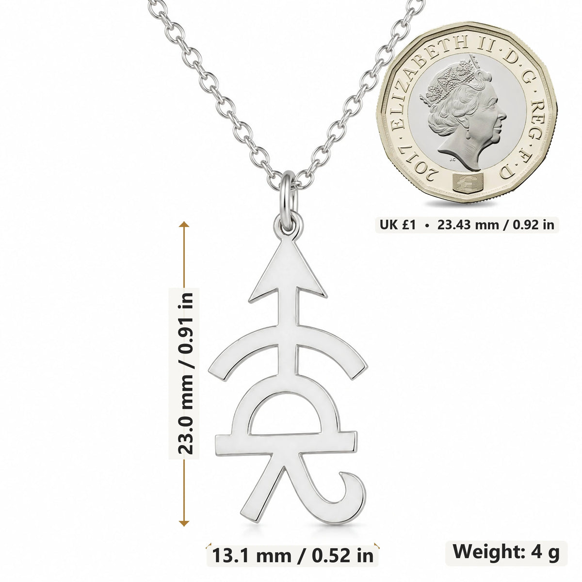 Achilles Asteroid Symbol pendant necklace size image showing 23.0 mm height, 13.1 mm width and 4 g weight