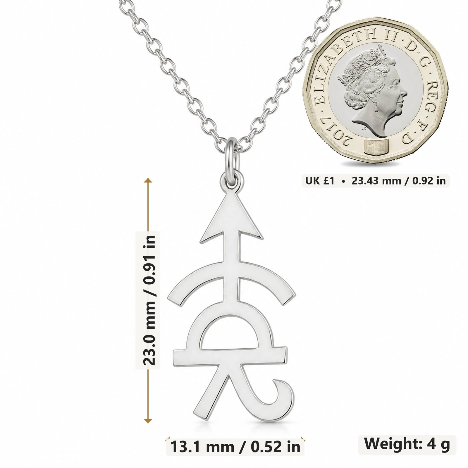 Achilles Asteroid Symbol pendant necklace size image showing 23.0 mm height, 13.1 mm width and 4 g weight