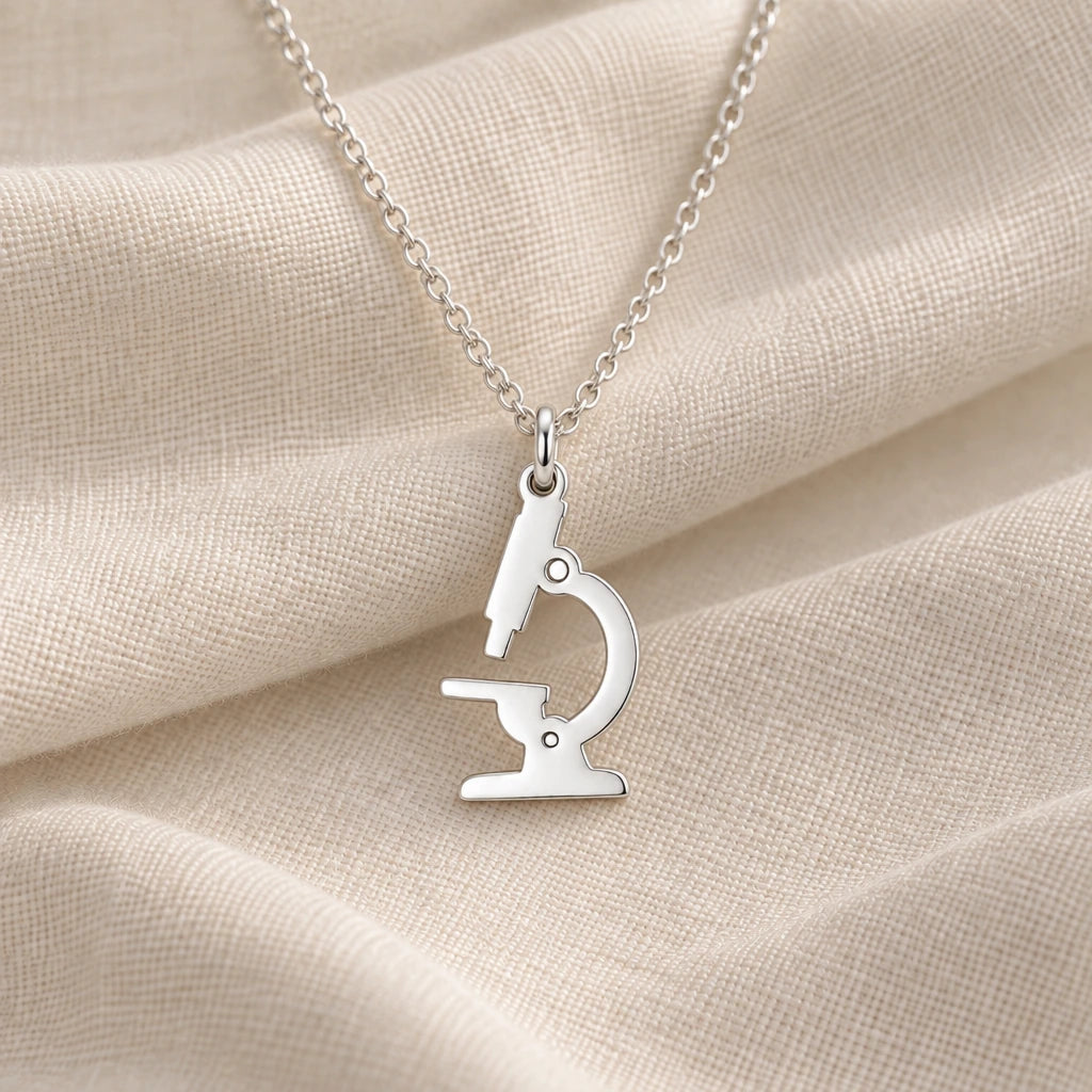 925 sterling silver microscope pendant necklace on cream fabric