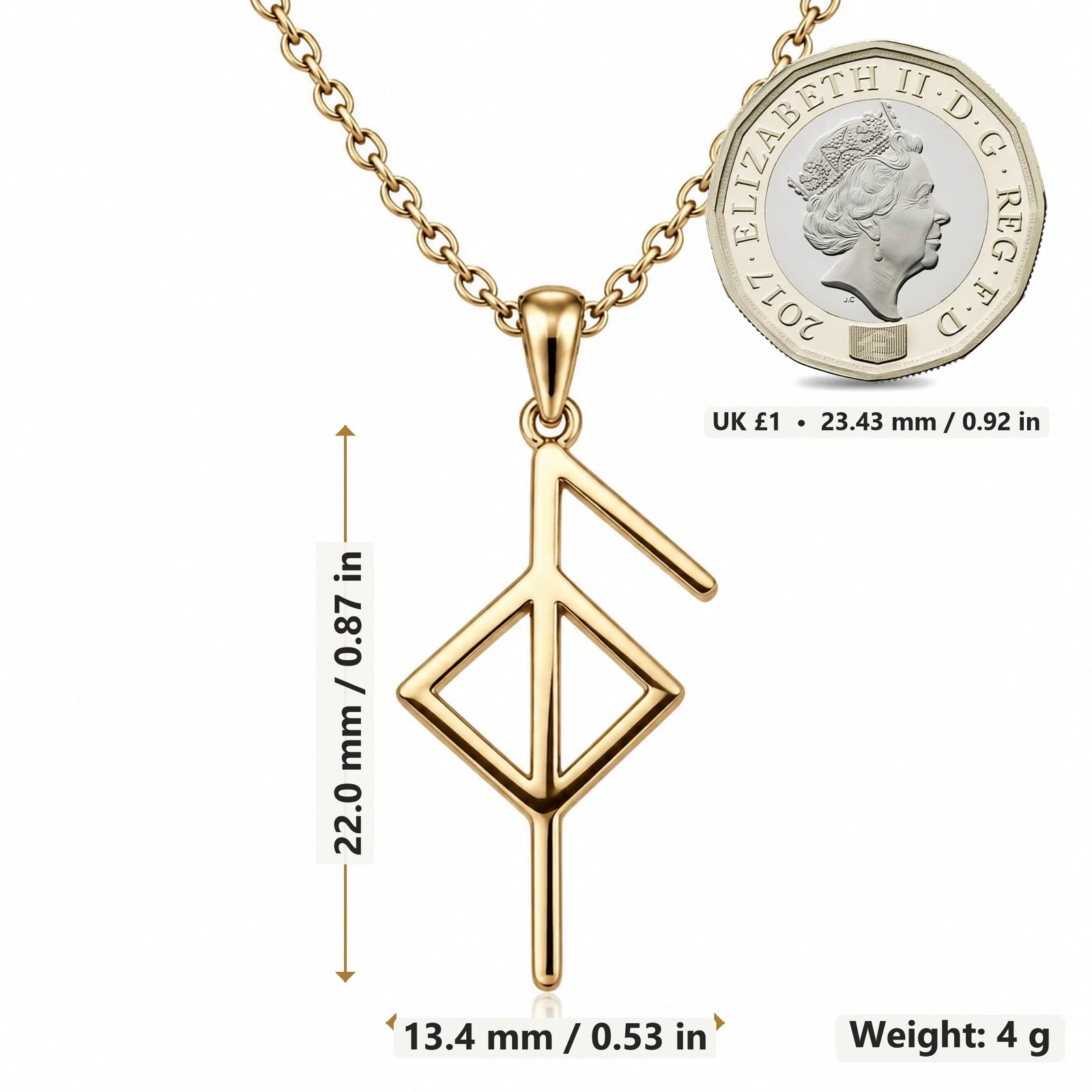 Viking Good Health Bind Rune pendant necklace size image showing 22.0 mm height, 13.4 mm width and 4 g weight