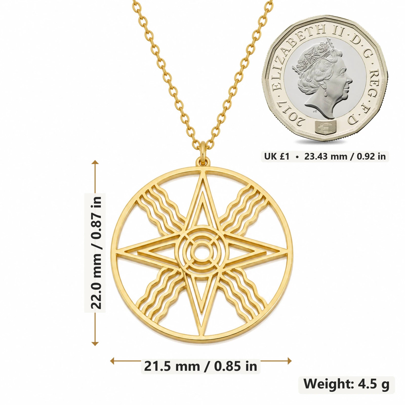 Sumerian Sun Star Symbol pendant necklace size image showing 22 mm height and 21.5 mm width and 4.5 g weight