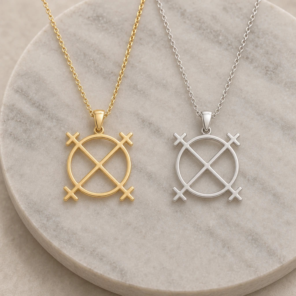 Sun Cross Wheel pendant necklace in silver and gold finishes side by side