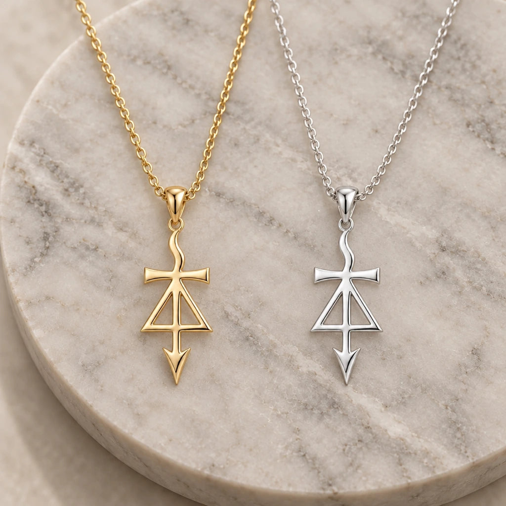 Prometheus Asteroid Symbol pendant necklace in silver and gold finishes side by side