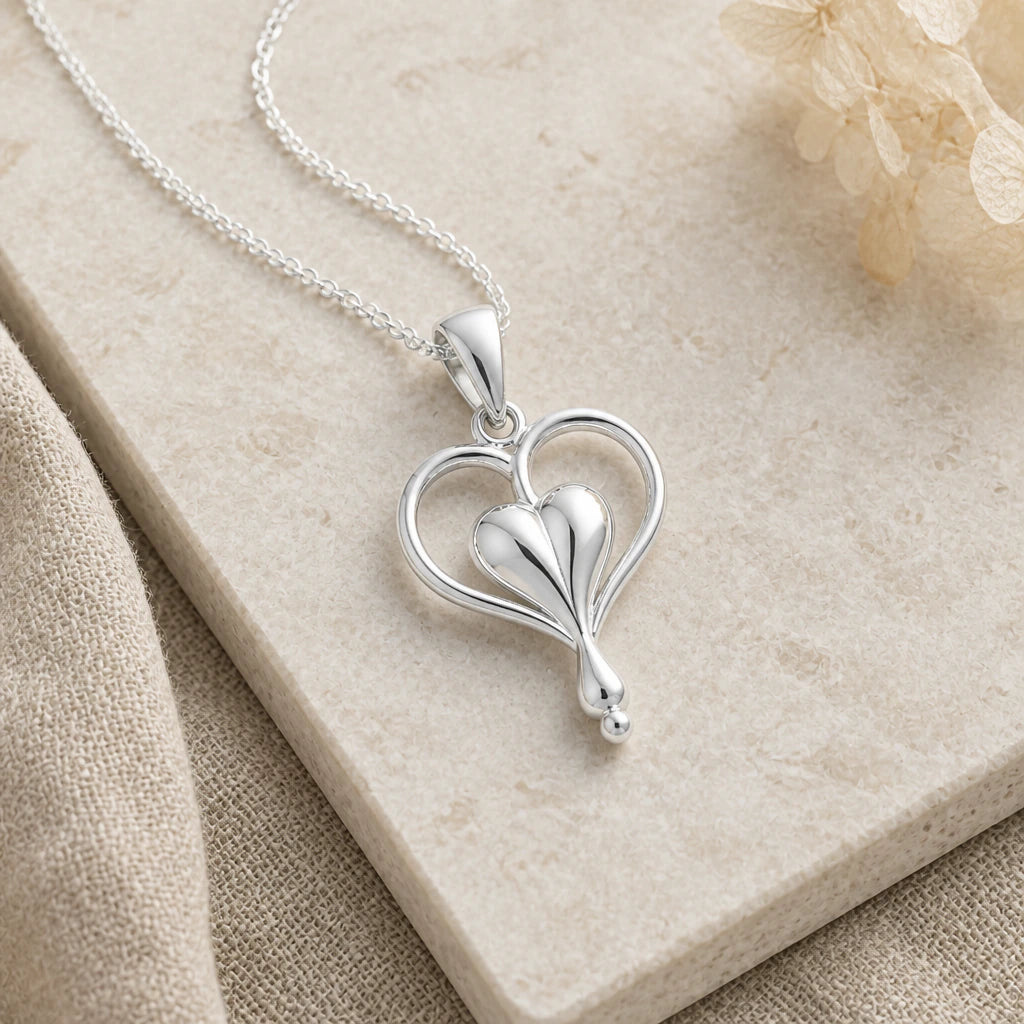 Close-up of silver bleeding heart flower pendant showing the sculpted detail