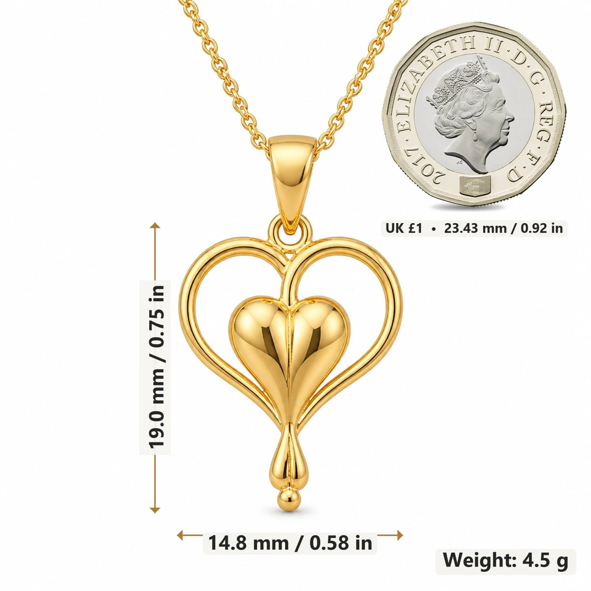 Bleeding Heart Flower pendant necklace size image showing 19 mm height and 14.8 mm width and 4.5 g weight