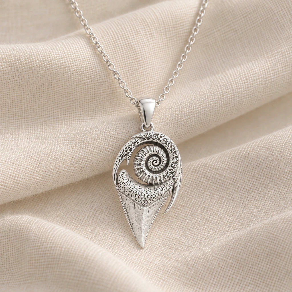 925 sterling silver sacred shark tooth fossil pendant necklace on cream fabric