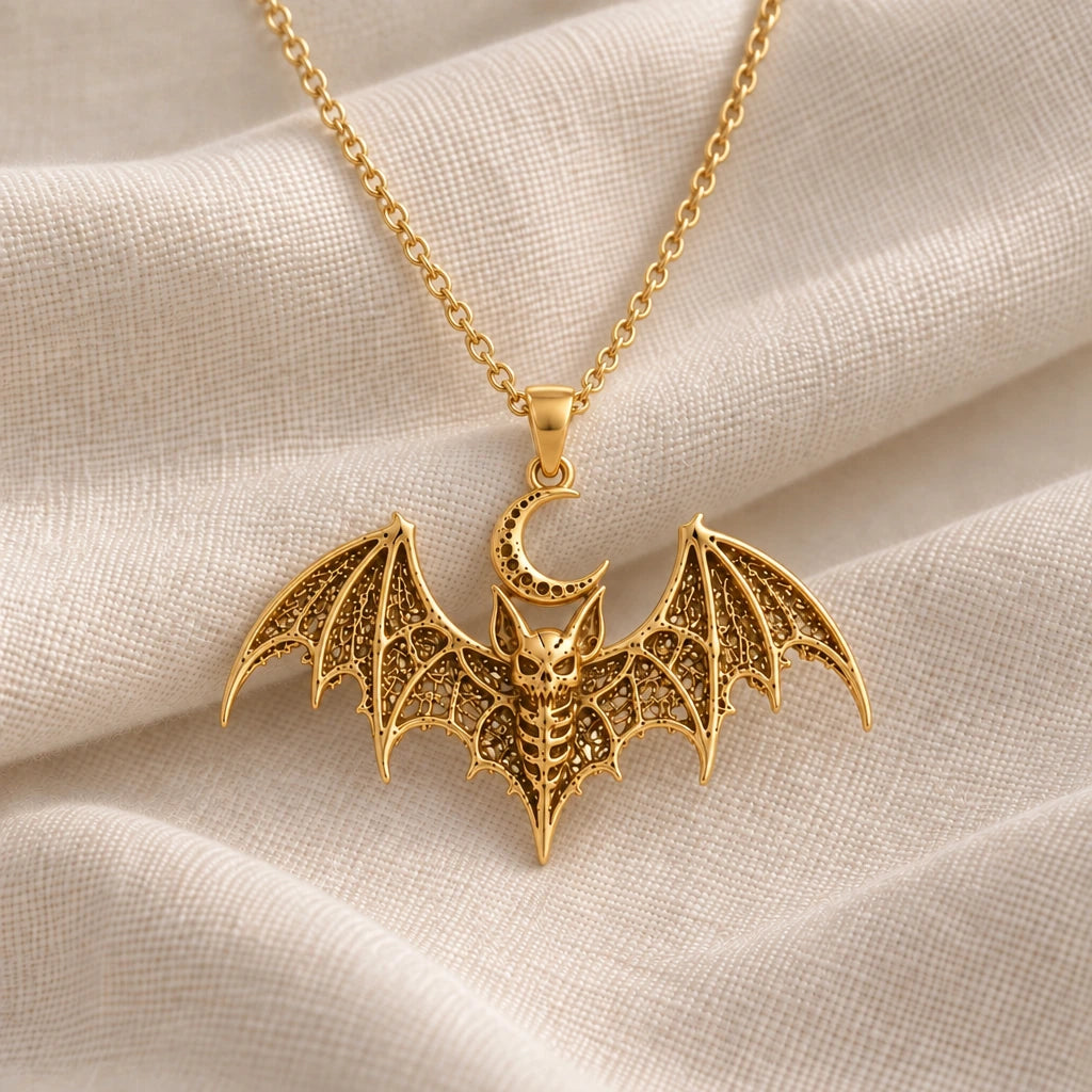 Lunar Bat Relic pendant necklace in an 18k gold plated finish
