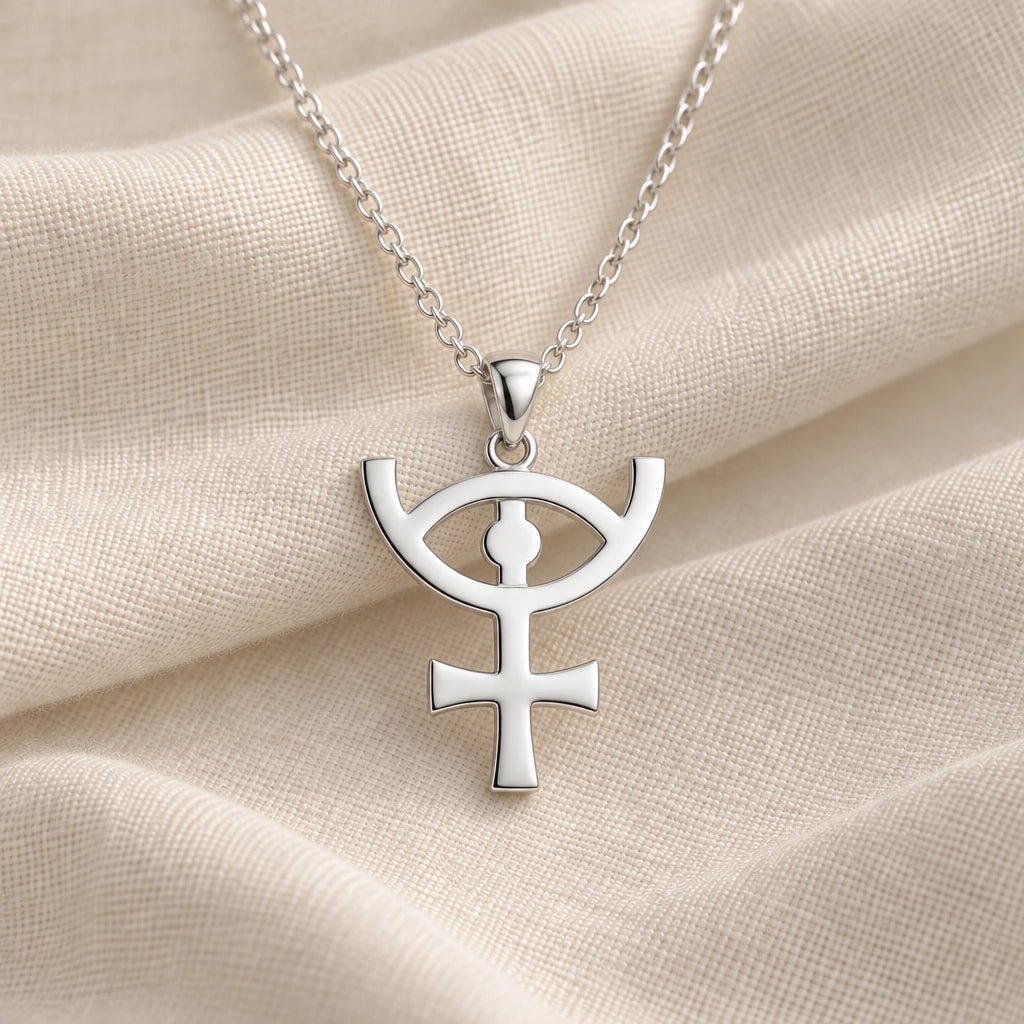 925 sterling silver osiris symbol pendant necklace on cream fabric