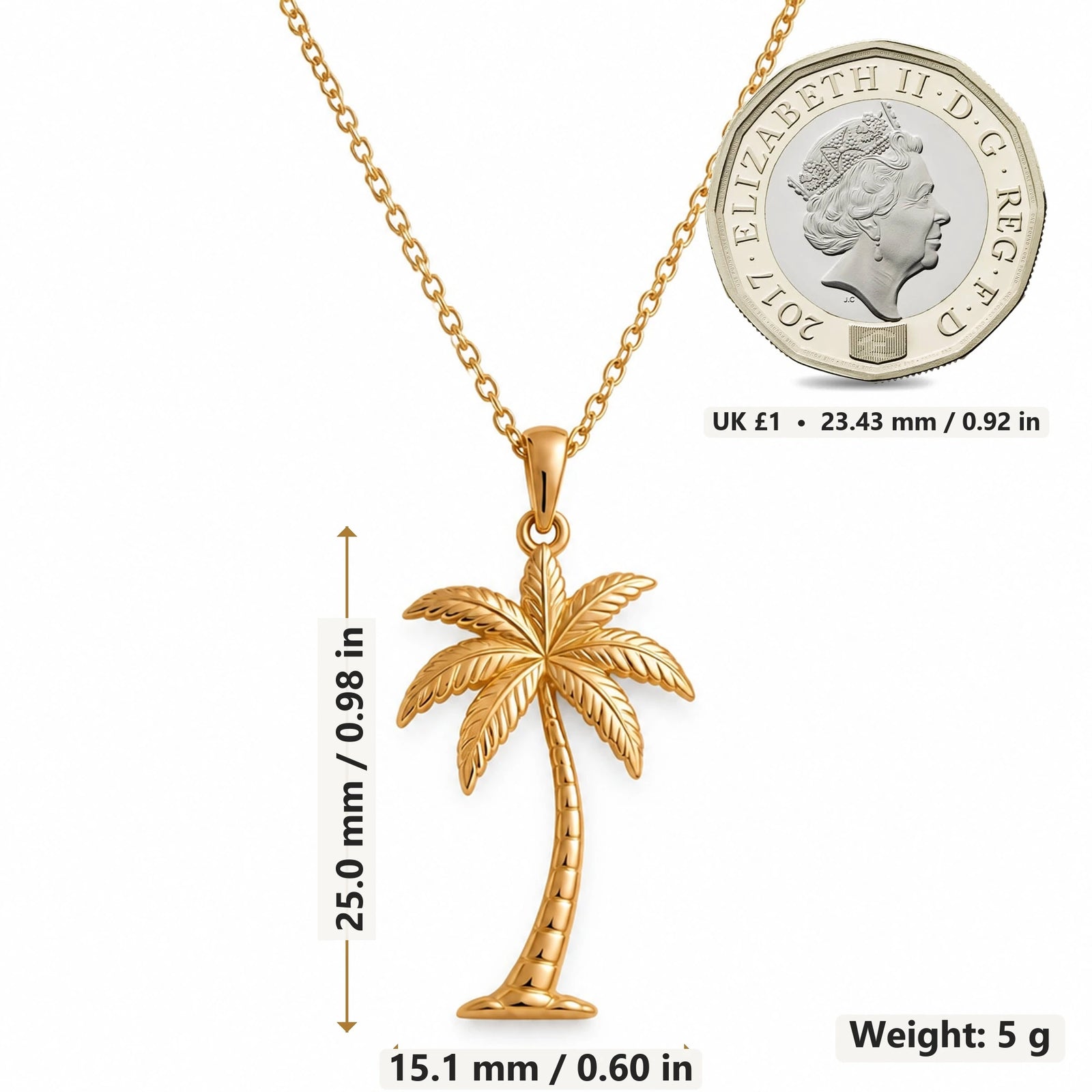 Palm Breeze Leaning Tree pendant necklace size image showing 25.0 mm height, 15.1 mm width and 5 g weight