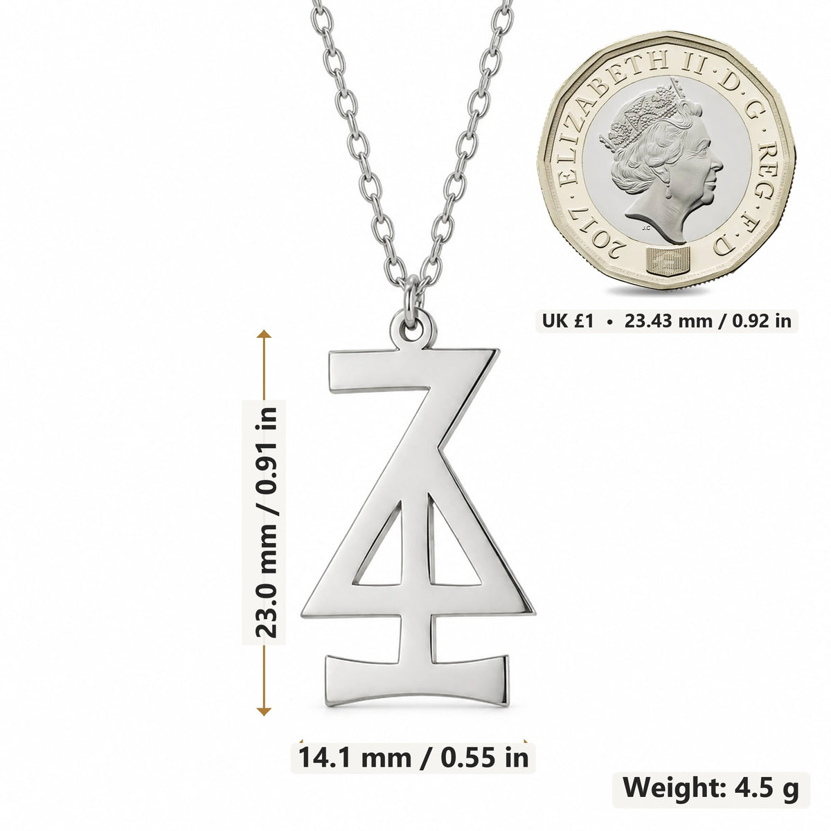 Hansa Asteroid Symbol pendant necklace size image showing 23.0 mm height, 14.1 mm width and 4.5 g weight