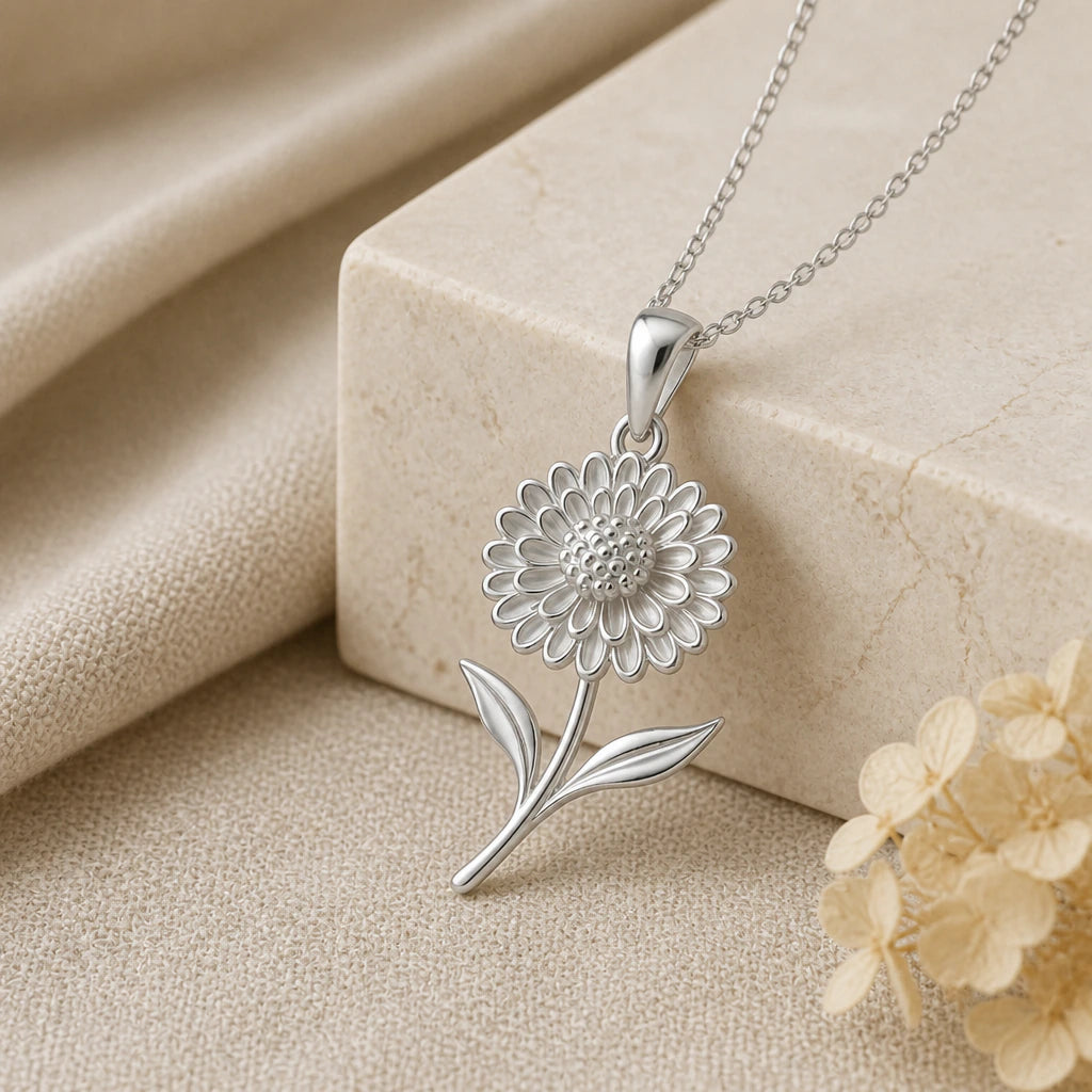 925 sterling silver chrysanthemum bloom flower pendant necklace on softly folded cream linen