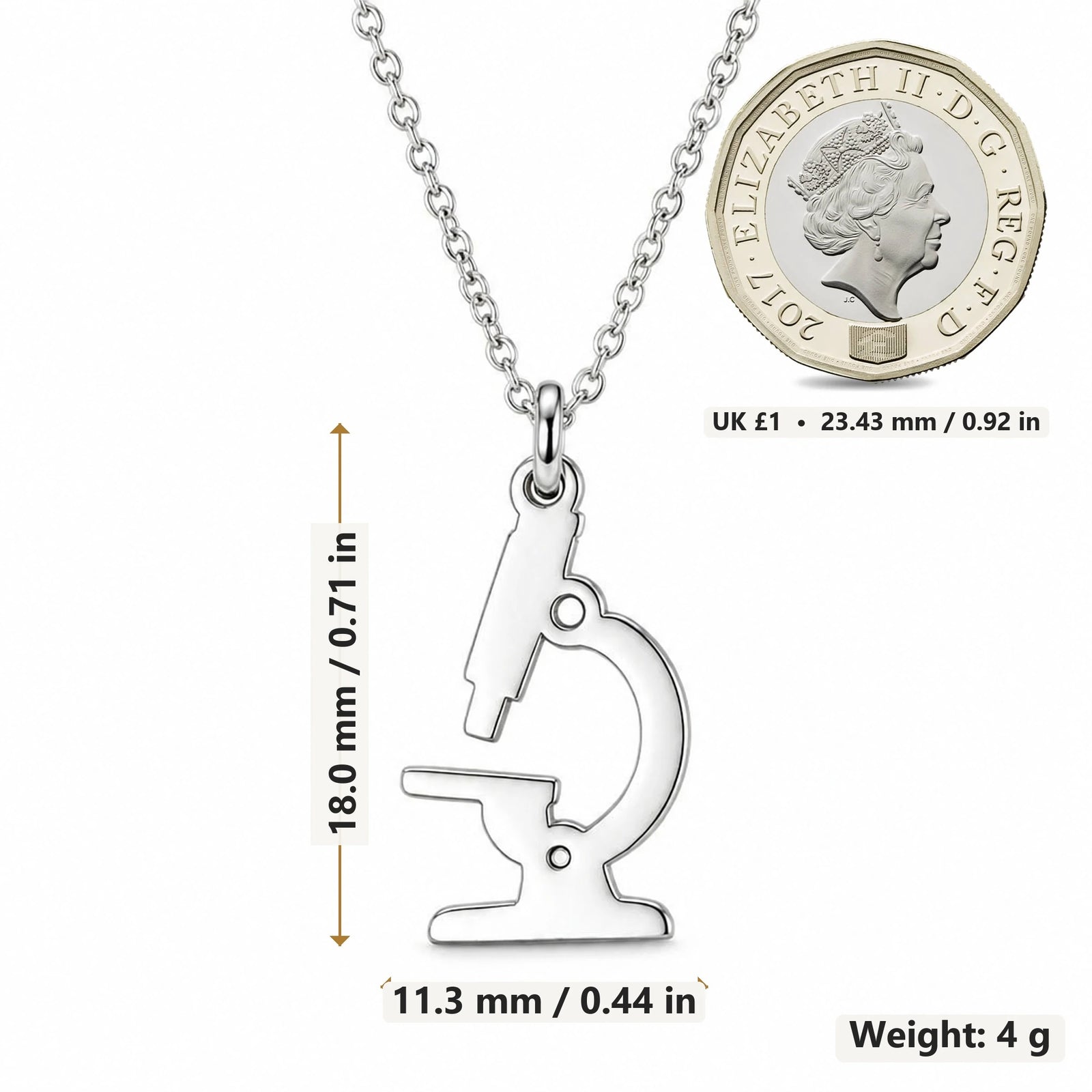 Microscope pendant necklace size image showing 18.0 mm height, 11.3 mm width and 4 g weight