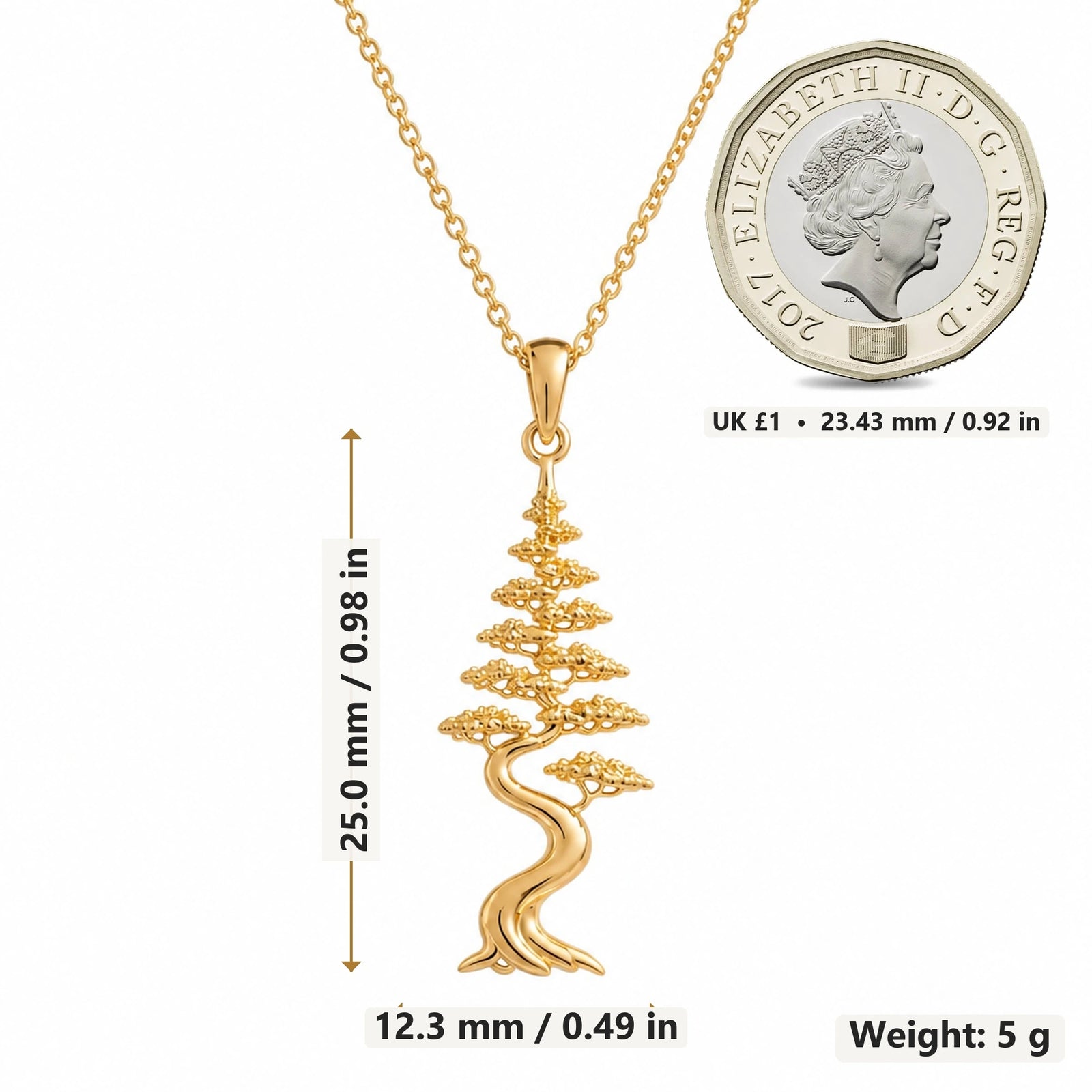 Cypress Aura Bonsai pendant necklace size image showing 25.0 mm height, 12.3 mm width and 5 g weight