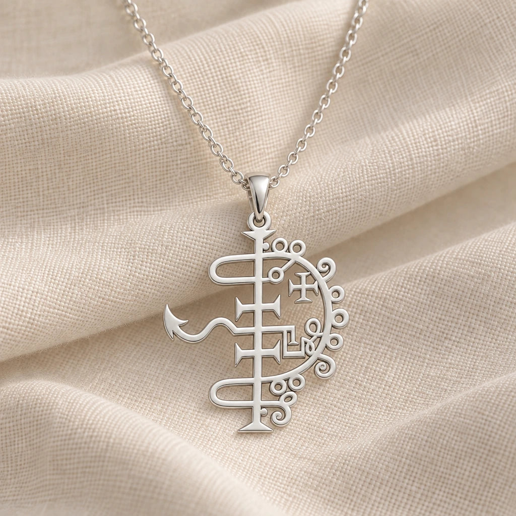 925 sterling silver asmoday sigil pendant necklace on cream fabric
