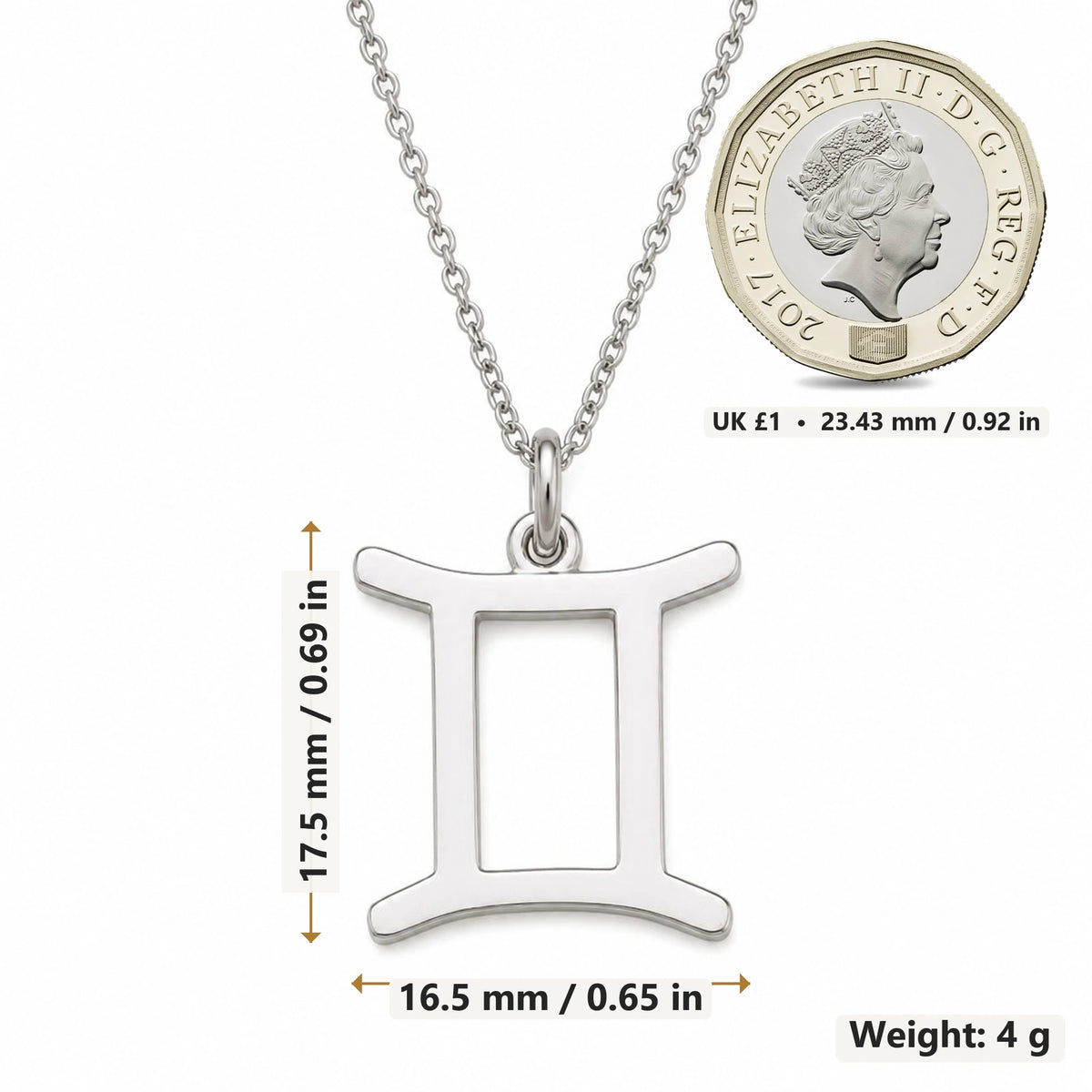 Gemini Zodiac Glyph pendant necklace size image showing 17.5 mm height, 16.5 mm width and 4 g weight