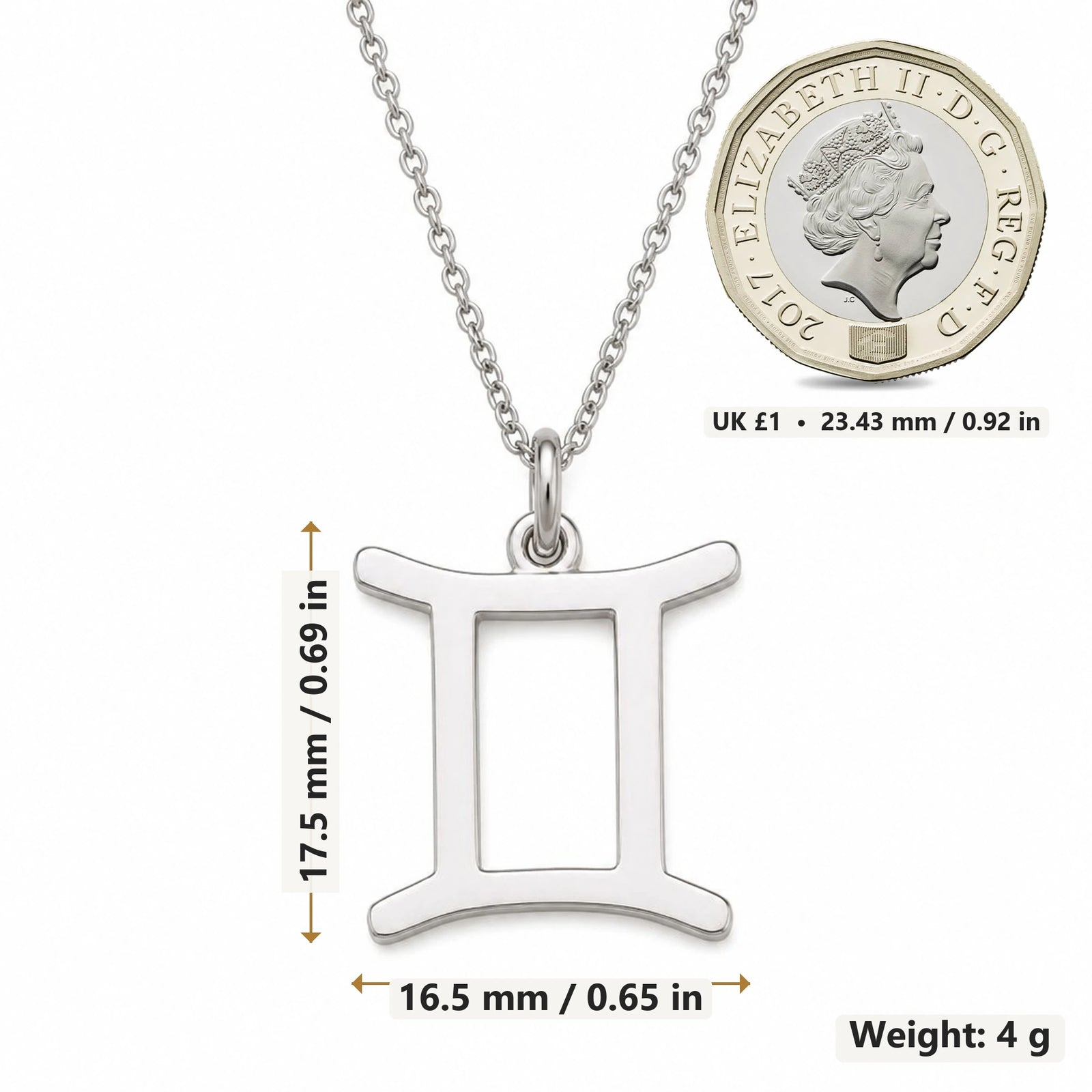 Gemini Zodiac Glyph pendant necklace size image showing 17.5 mm height, 16.5 mm width and 4 g weight